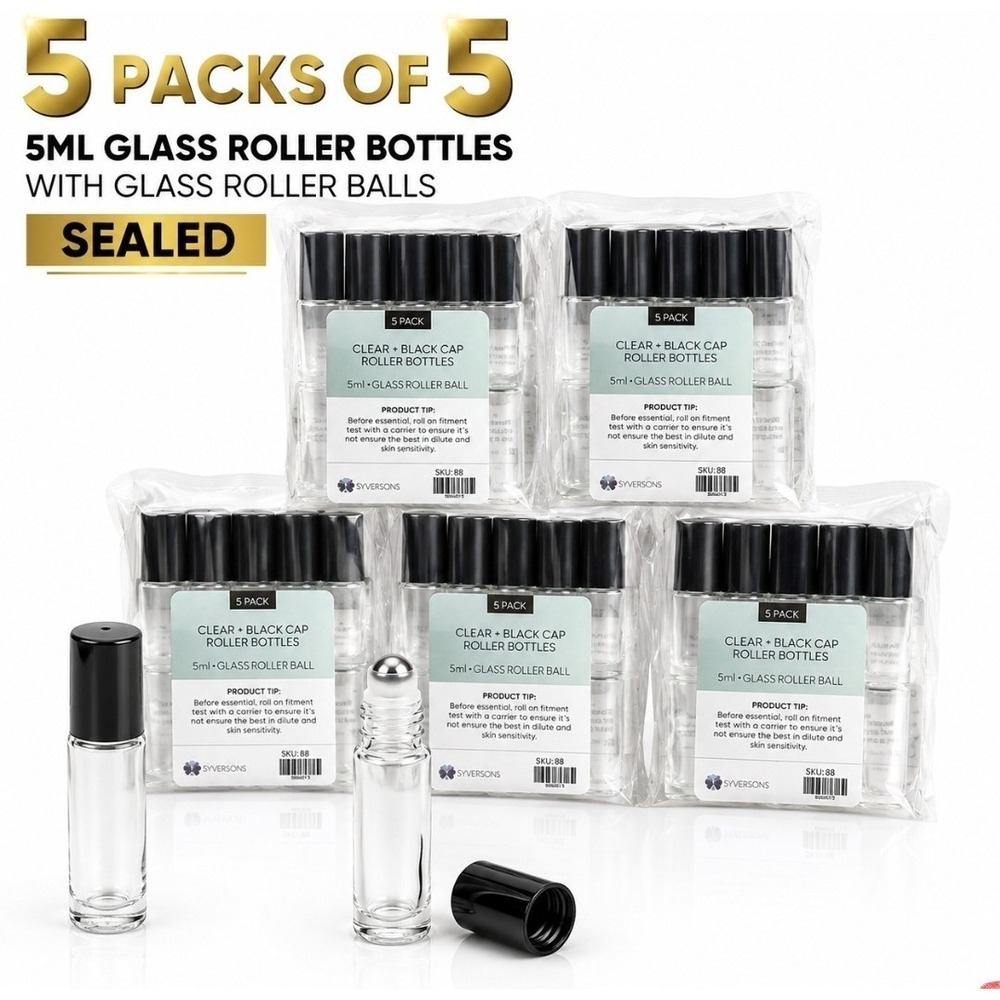 25 Pack - Glass Roller Bottles 5ml Glass Roller Black Cap Essential Oils 1/6 oz